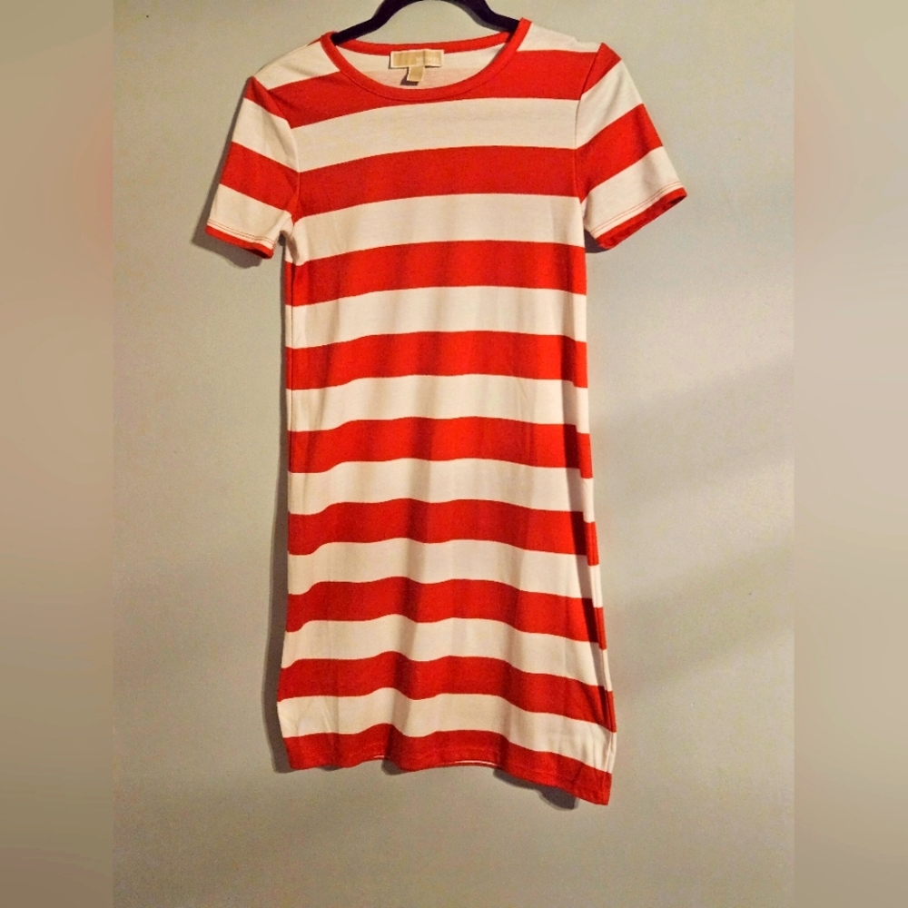 Michael Kors Women's Size Small Striped Red & White T-Shirt Mini Dress